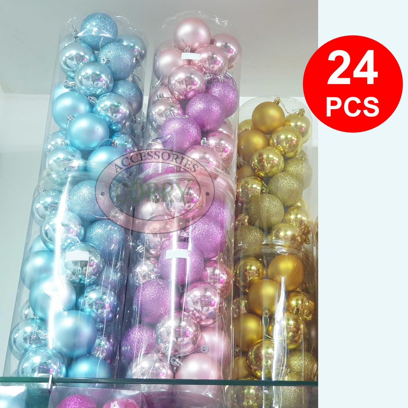 Bola Gantung Pohon Natal 7 Cm Isi 24 Pcs Biru Muda Pink Emas Gold Glitter - Main view