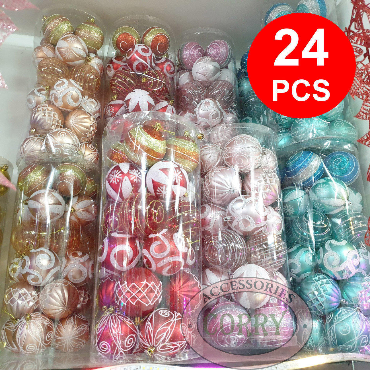 Gantungan Bola Pohon Natal 8 Cm Isi 24 Pcs Rose Gold Merah Pink Biru Muda Glitter - Main view