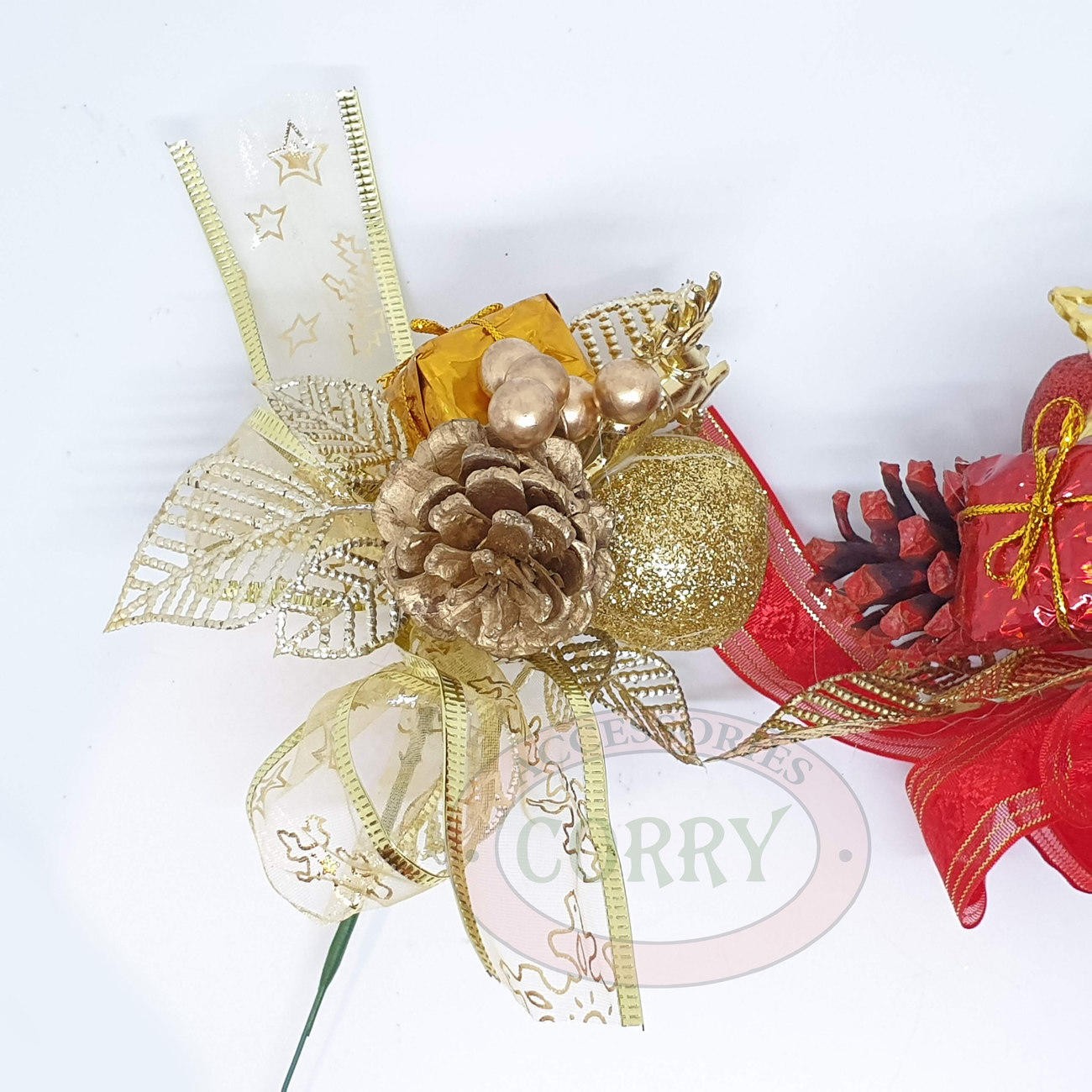 Bunga Tusuk Tancap Pohon Natal Emas Merah Gold Silver Pita Pinus 10 Cm - Main view