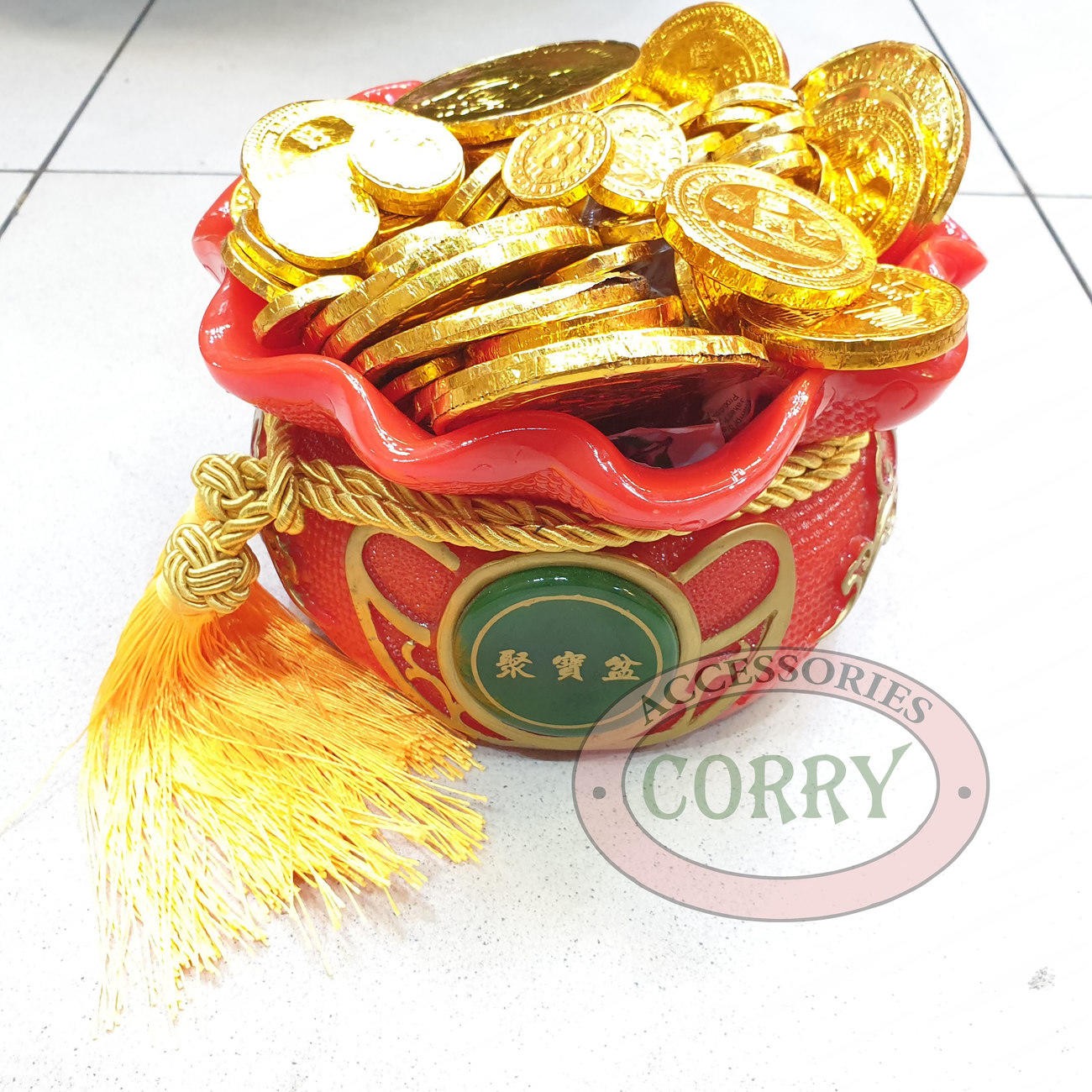 Tempat Permen Imlek 15 Cm X 10 Cm Merah Resin Tali Kuning Cokelat Meja - Main view