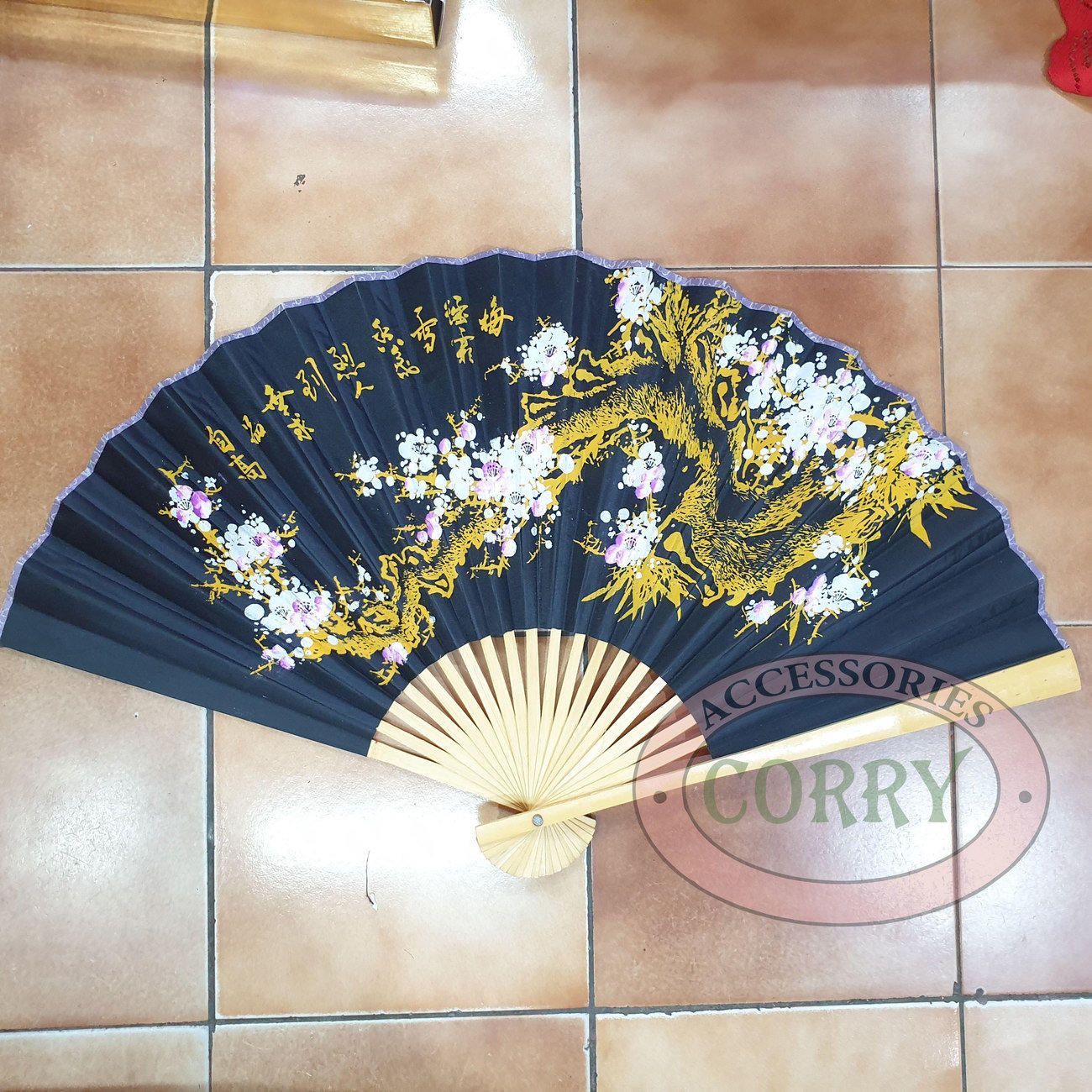 Kipas Besar 50 Cm Imlek Hitam Bunga Putih Kuning Sakura Gantung Tembok Sincia Dekorasi - Main view