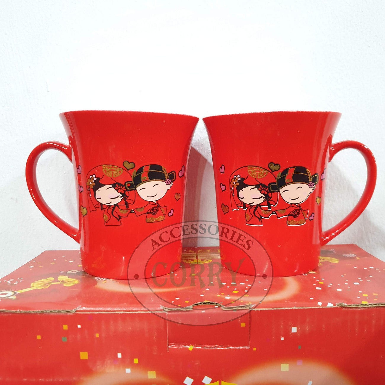 Gelas Shuang Xi Pengantin Couple Merah Emas Wedding Mug Sangjit Perkawinan Seserahan Keramik - Main view