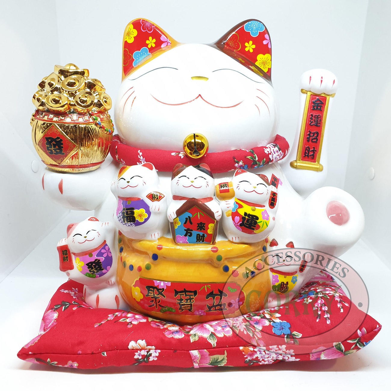 Kucing Keramik 25 Cm Putih Uang Maneki Neko Emas Merah Tangan Gerak 5 Anak - Main view