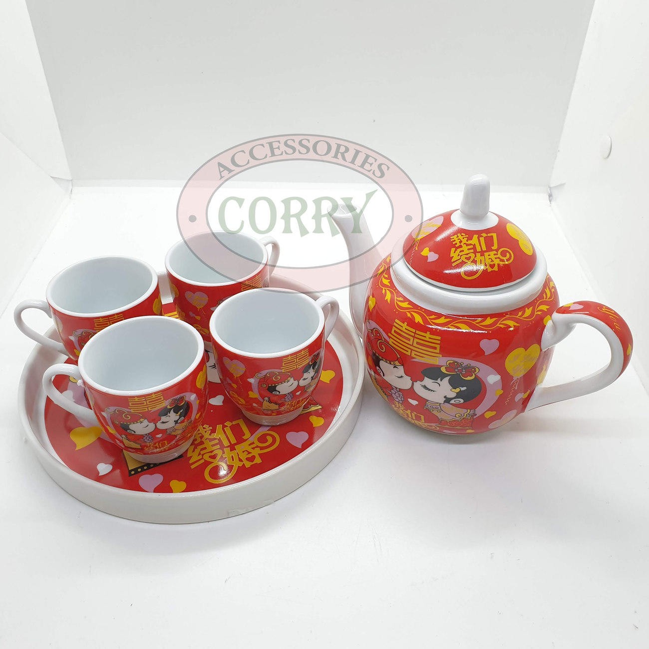 Teko Set Tea Pai Perkawinan Shuang Xi Merah Putih Naga Burung Hong 4 Cangkir Teh Piring Wedding Shangjit - Main view