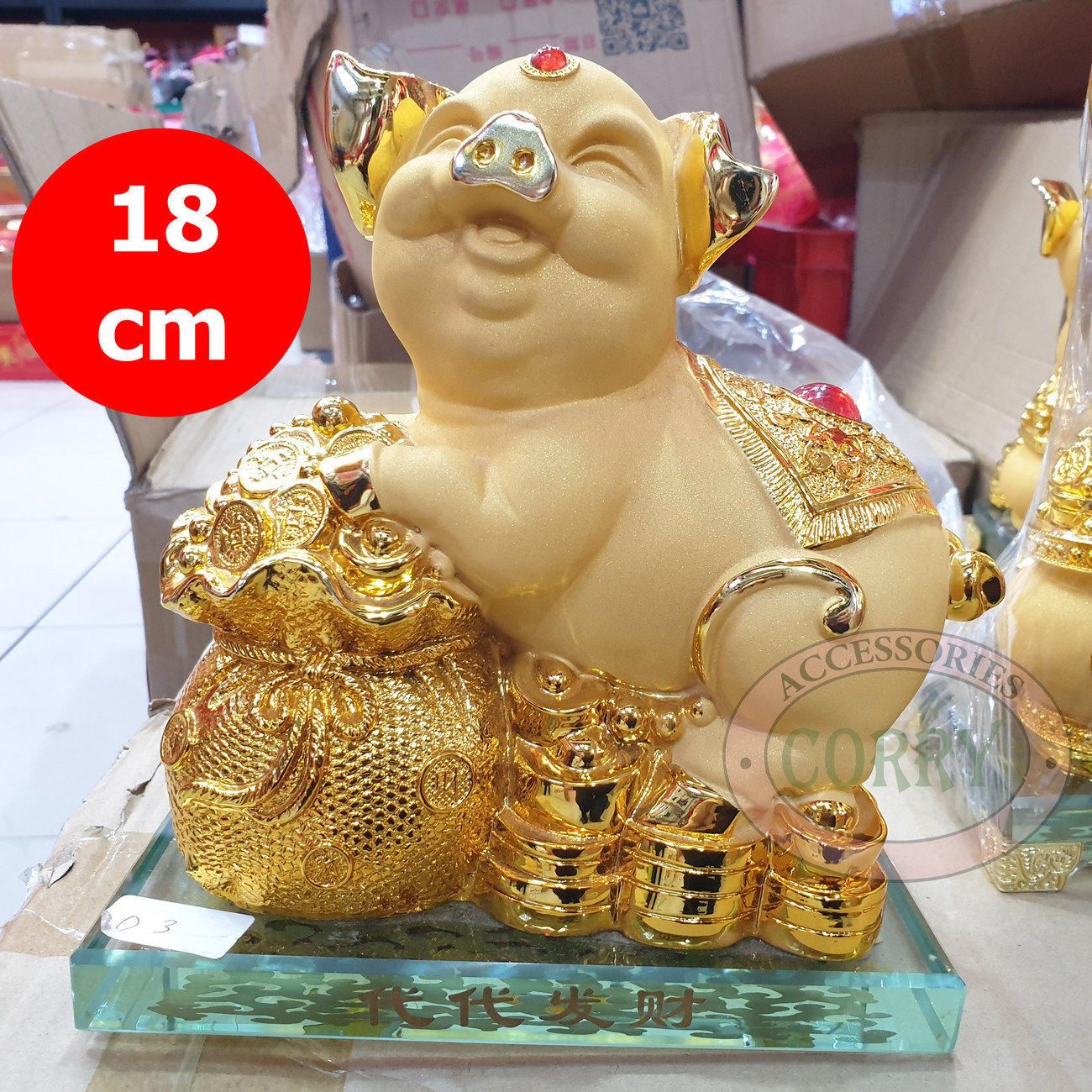 Patung Imlek Uang Babi Rejeki Shio Emas Gold 18 Cm Kaca Resin Gentong Pajangan Meja - Main view