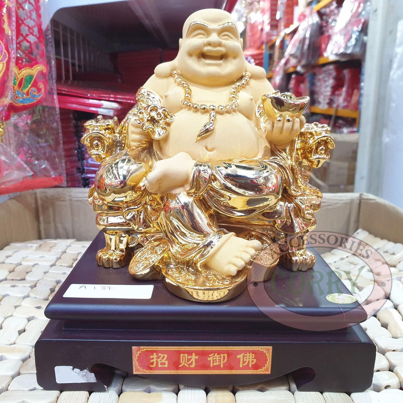 Patung Budha Duduk Emas Rejeki 24 Cm Imlek Uang Rejeki Gold Kayu Hoki - Main view