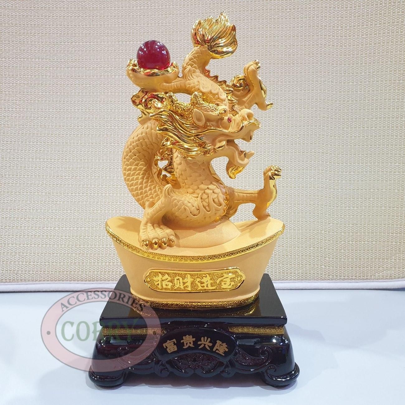 Patung Imlek Shio Naga Uang Emas Gold Resin Kayu 20 Cm Sio Liong Sincia Meja Dekorasi - Main view