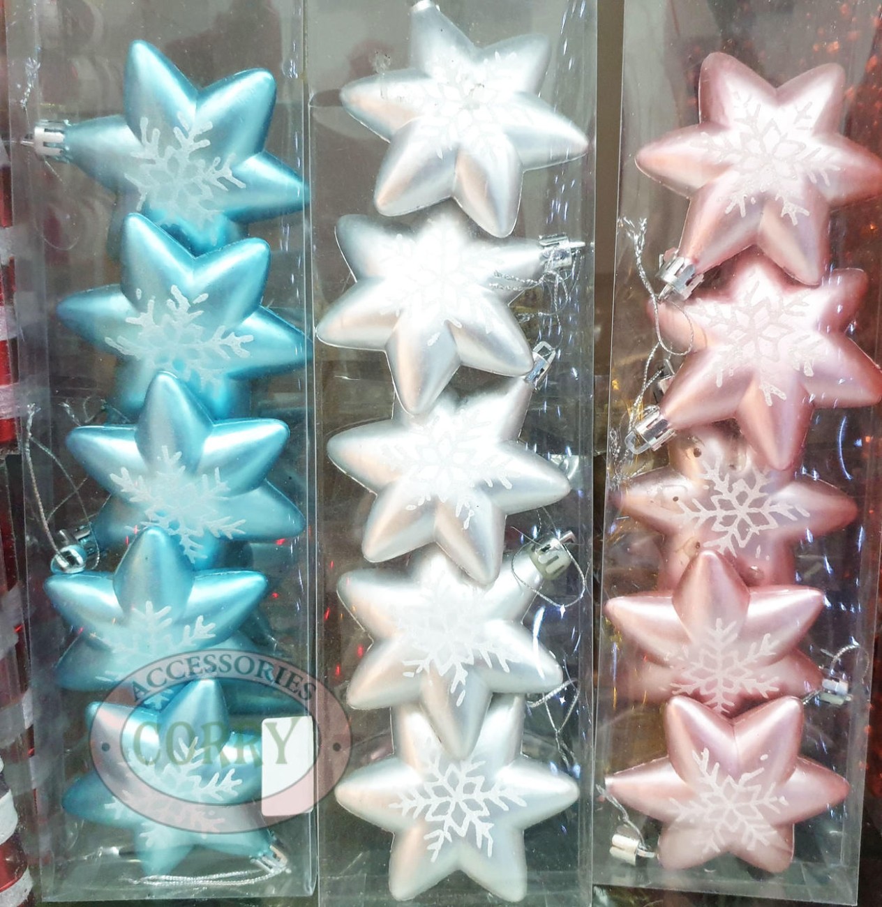 Hiasan Gantung Bintang Pohon Natal 6 Cm Emas Biru Muda Silver Pink Doff Gliter - Main view