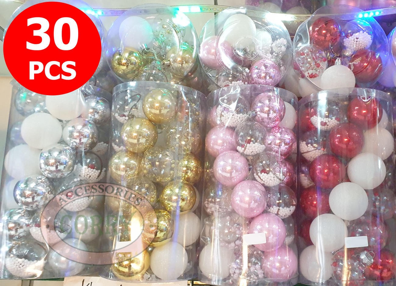 Bola Gantung Pohon Natal 6 Cm Isi 30 Pcs Butir Salju Silver Rose Gold Merah Biru Ungu Pink - Main view