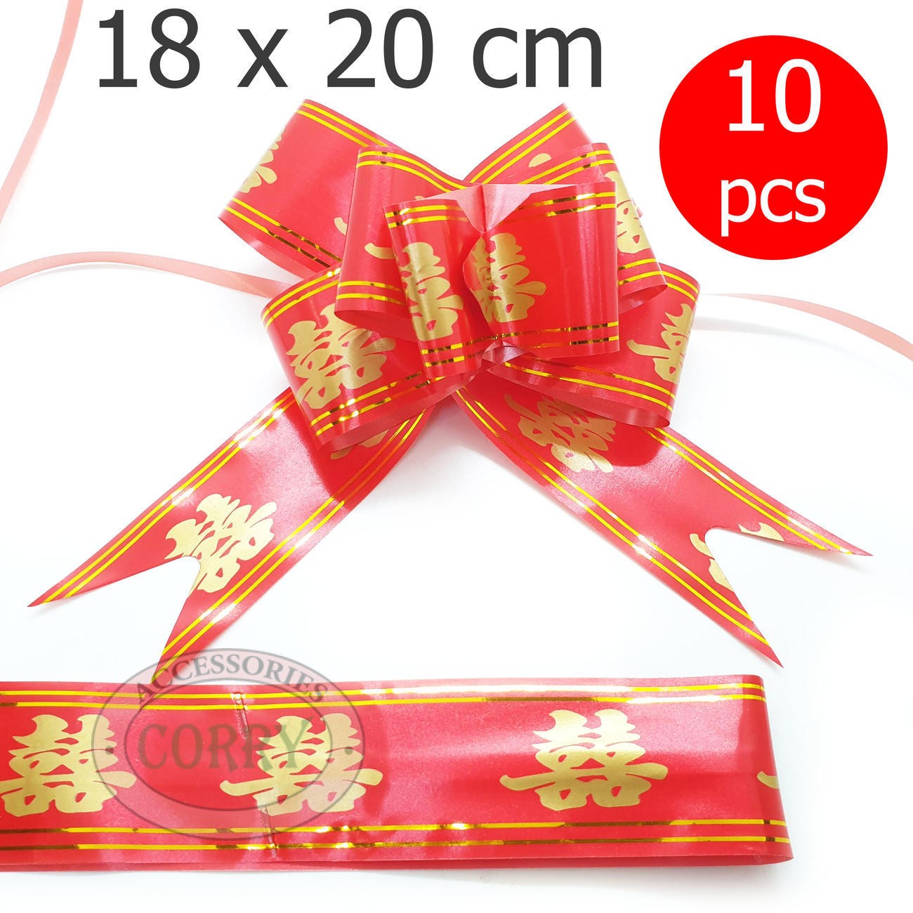 Pita Tarik Sangjit Lamaran 18 X 20 Cm Shuang Xi Wedding Merah Emas 10 Pcs Serut Pull - Main view