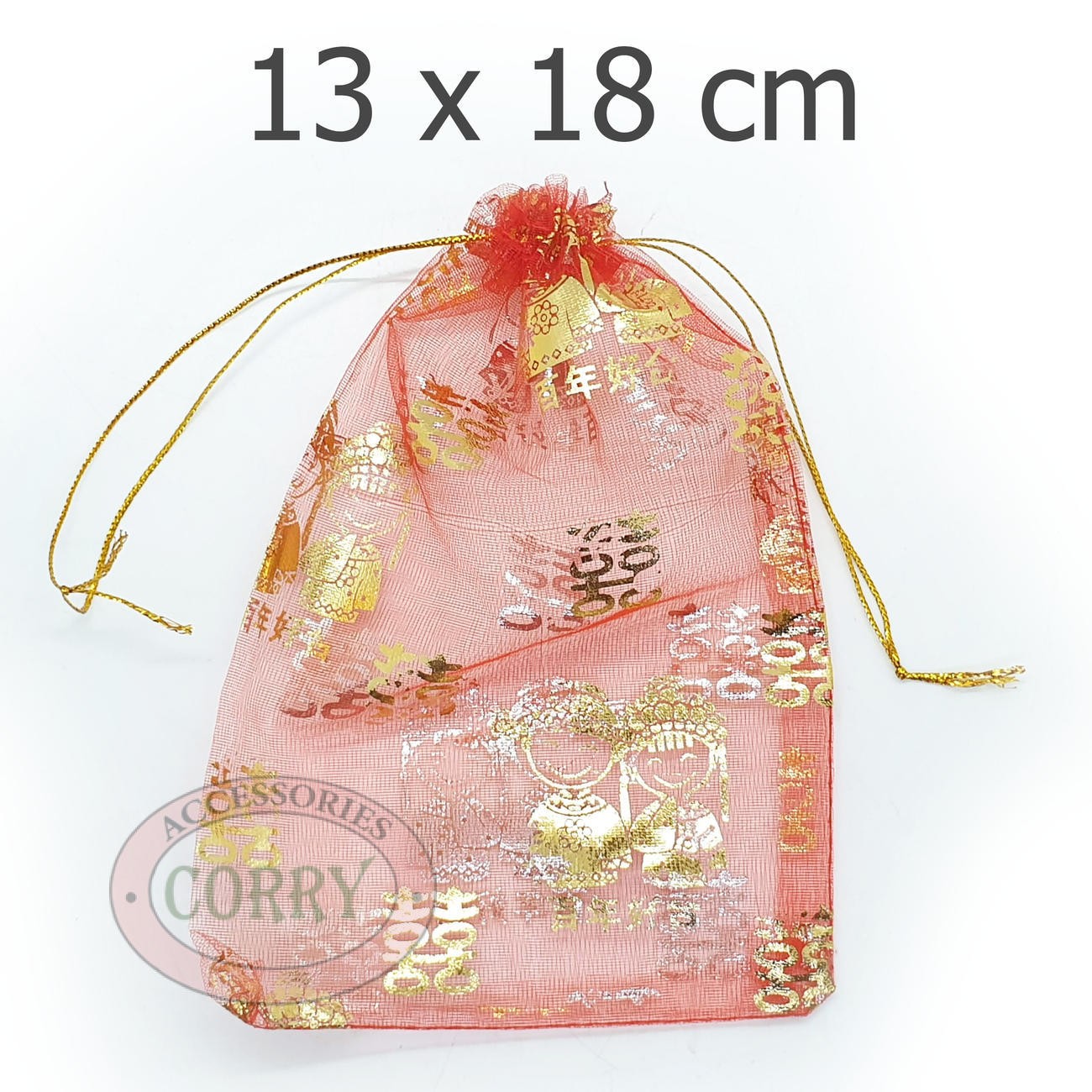 Kantong Tas Permen Shuang Xi Merah Emas Gold 18 Cm Sangjit Wedding Souvenir - Main view
