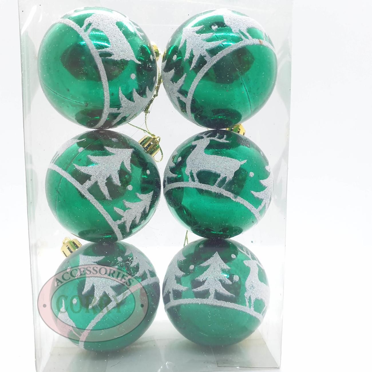 Bola Gantung Pohon Natal 6 Cm Isi 6 Pcs Hijau Glossy Mengkilap Glitter - Main view