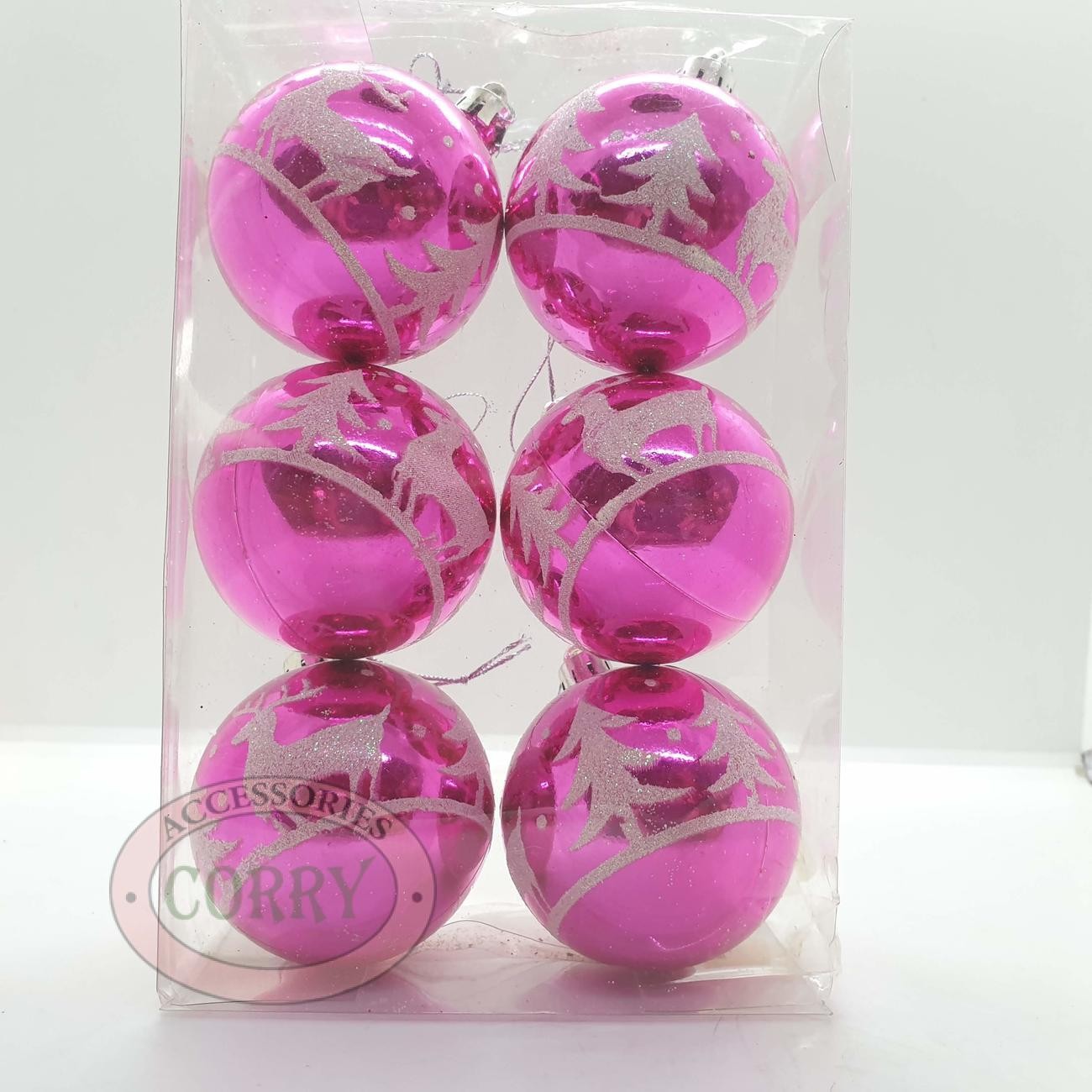 Bola Gantung Pohon Natal 6 Cm Isi 6 Pcs Pink Glossy Mengkilap Glitter - Main view