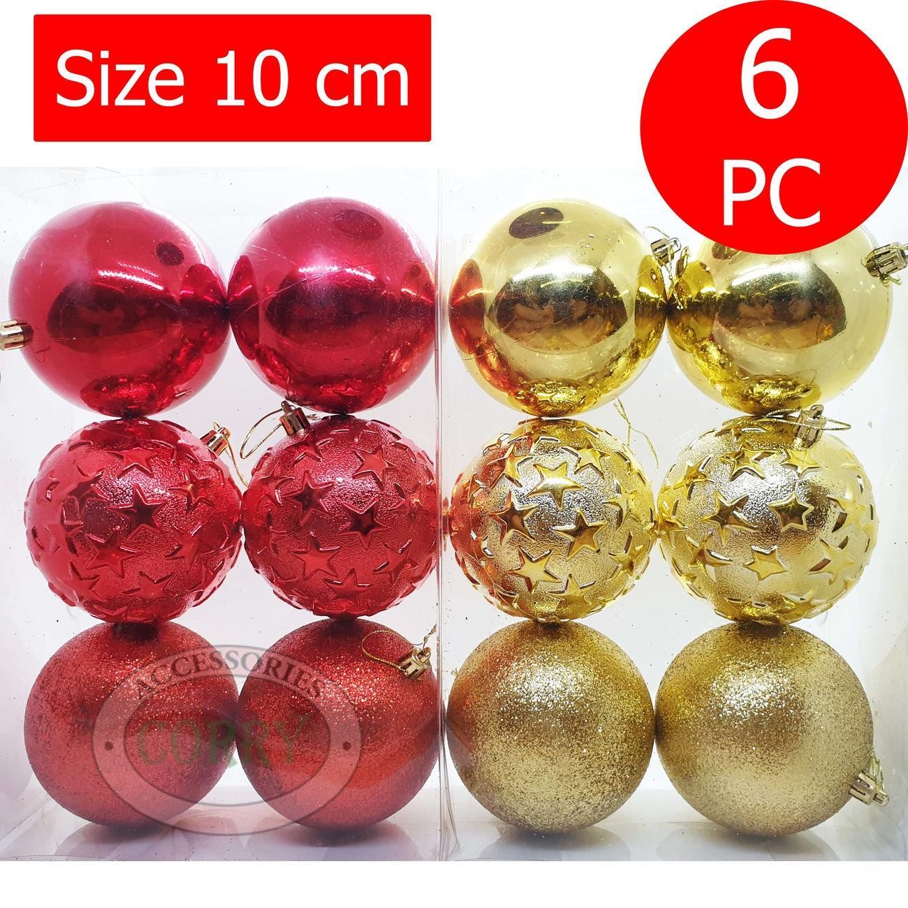Hiasan Gantung Bola Besar Jumbo Pohon Natal 10 Cm Isi 6 Pcs Merah Emas Ukir - Main view
