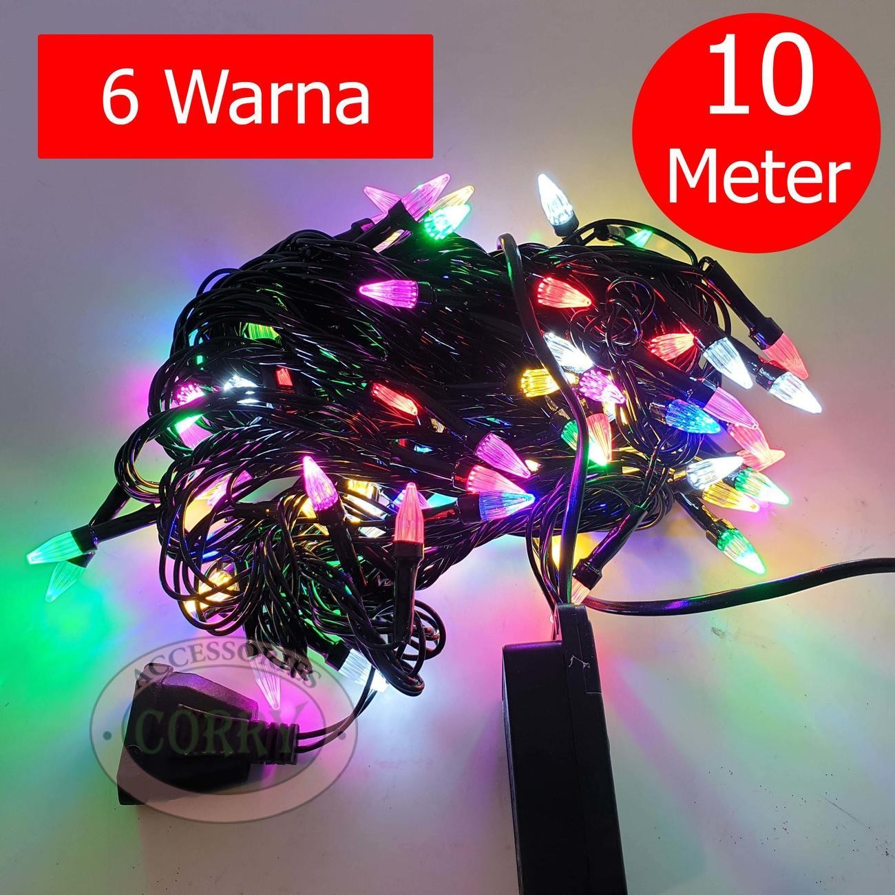 Lampu Pohon Natal Warna Warni Lancip 10 Meter Kelap Kelip Kabel Hitam Hijau Merah Biru - Main view