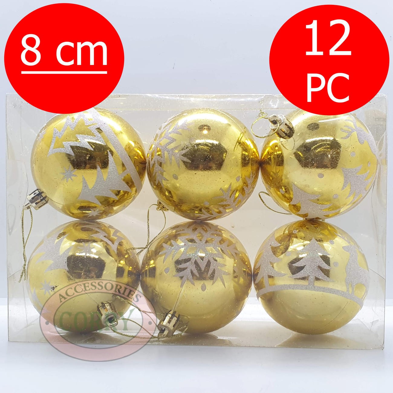 Bola Gantung Pohon Natal 8 Cm Isi 12 Pcs Emas Gold Glossy Mengkilap Glitter - Main view