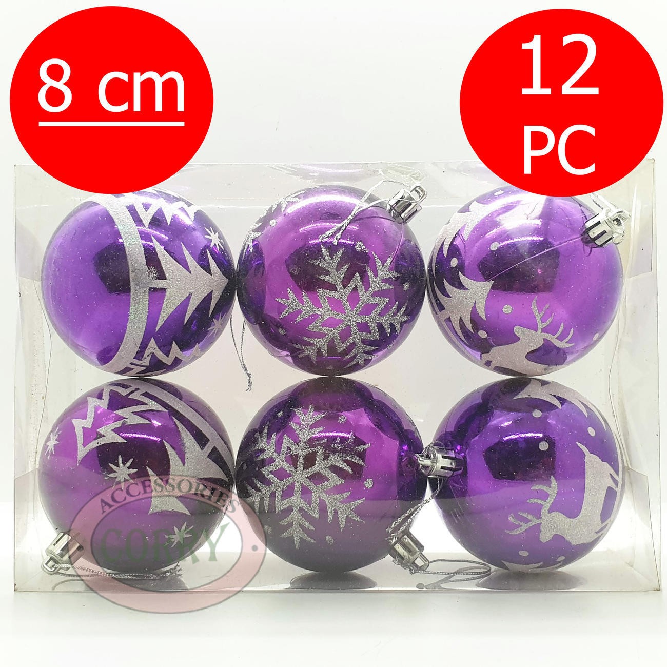 Bola Gantung Pohon Natal 8 Cm Isi 12 Pcs Ungu Glossy Mengkilap Glitter - Main view