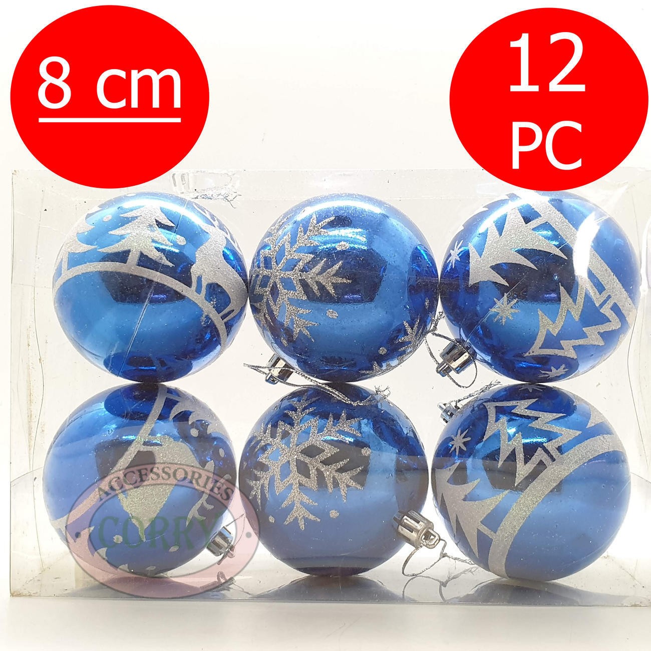 Bola Gantung Pohon Natal 8 Cm Isi 12 Pcs Biru Silver Glossy Mengkilap Glitter - Main view