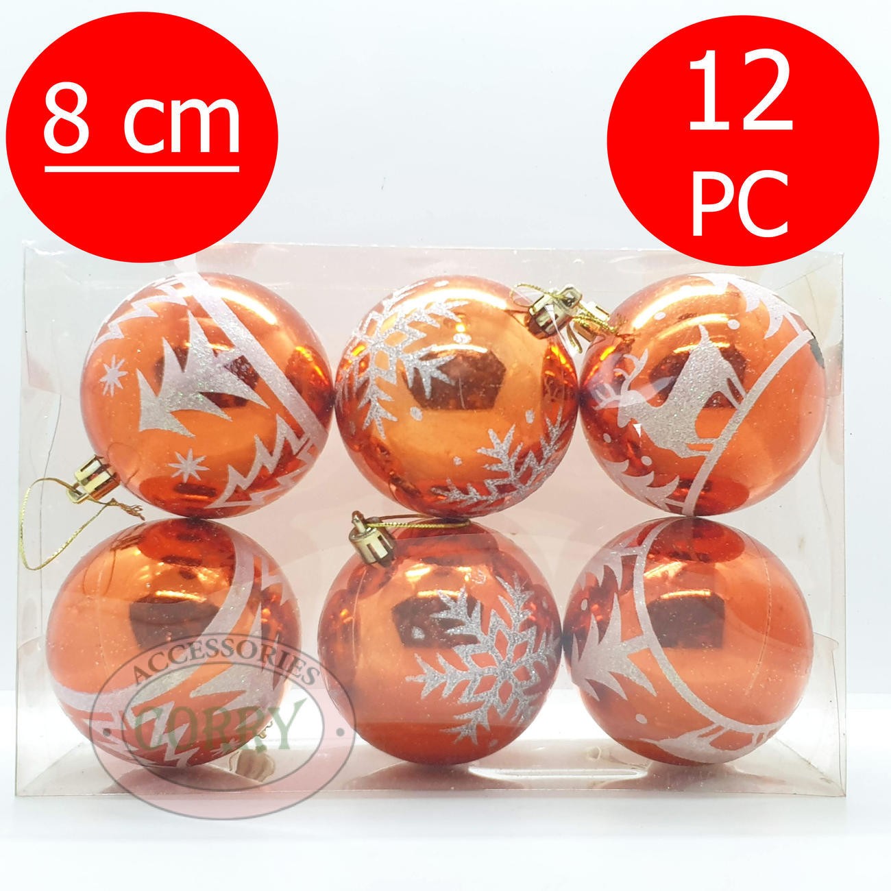 Bola Gantung Pohon Natal 8 Cm Isi 12 Pcs Orange Glossy Mengkilap Glitter - Main view