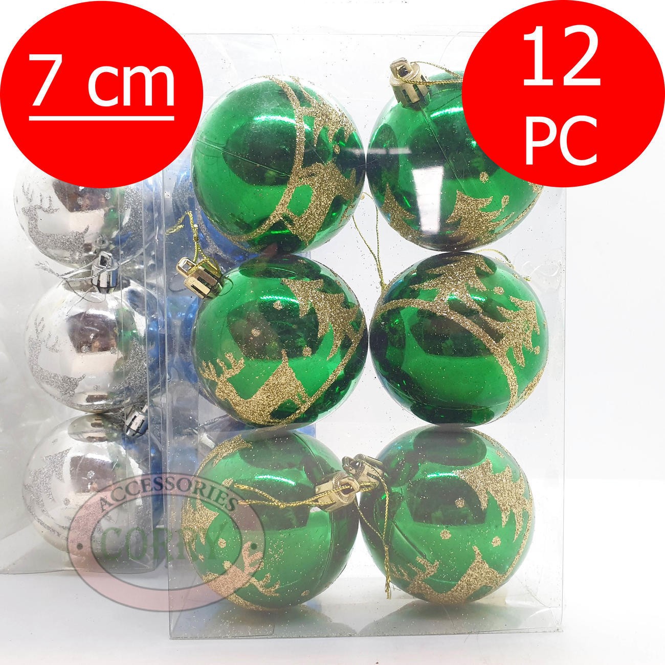 Bola Gantung Pohon Natal 7 Cm Isi 12 Pcs Emas Hijau Gold Glossy Mengkilap Glitter - Main view