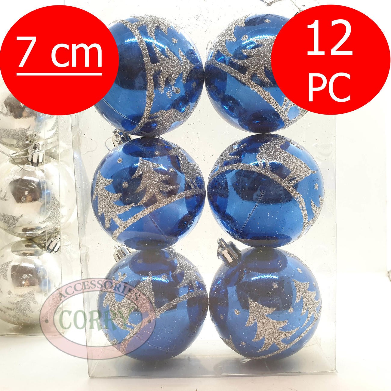 Bola Gantung Pohon Natal 7 Cm Isi 12 Pcs Biru Silver Glossy Mengkilap Glitter - Main view