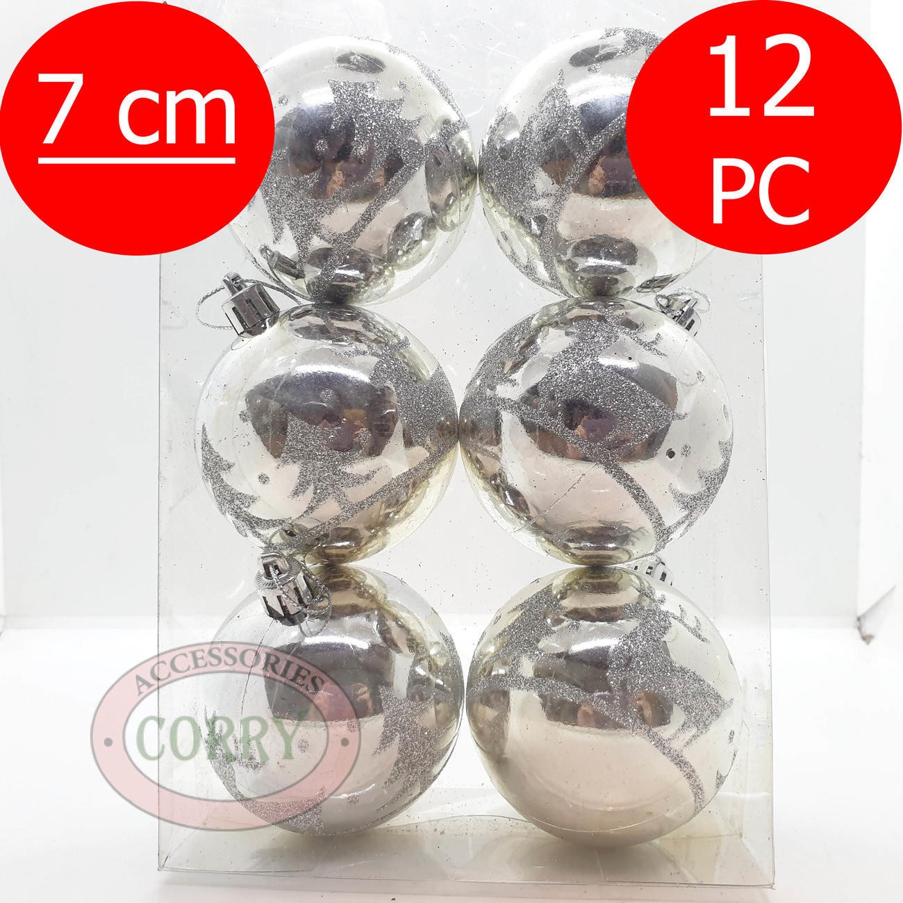 Bola Gantung Pohon Natal 7 Cm Isi 12 Pcs Silver Perak Glossy Mengkilap Glitter - Main view