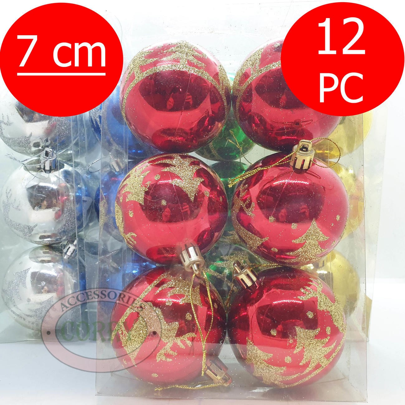 Bola Gantung Pohon Natal 7 Cm Isi 12 Pcs Merah Emas Gold Glossy Mengkilap Glitter - Main view