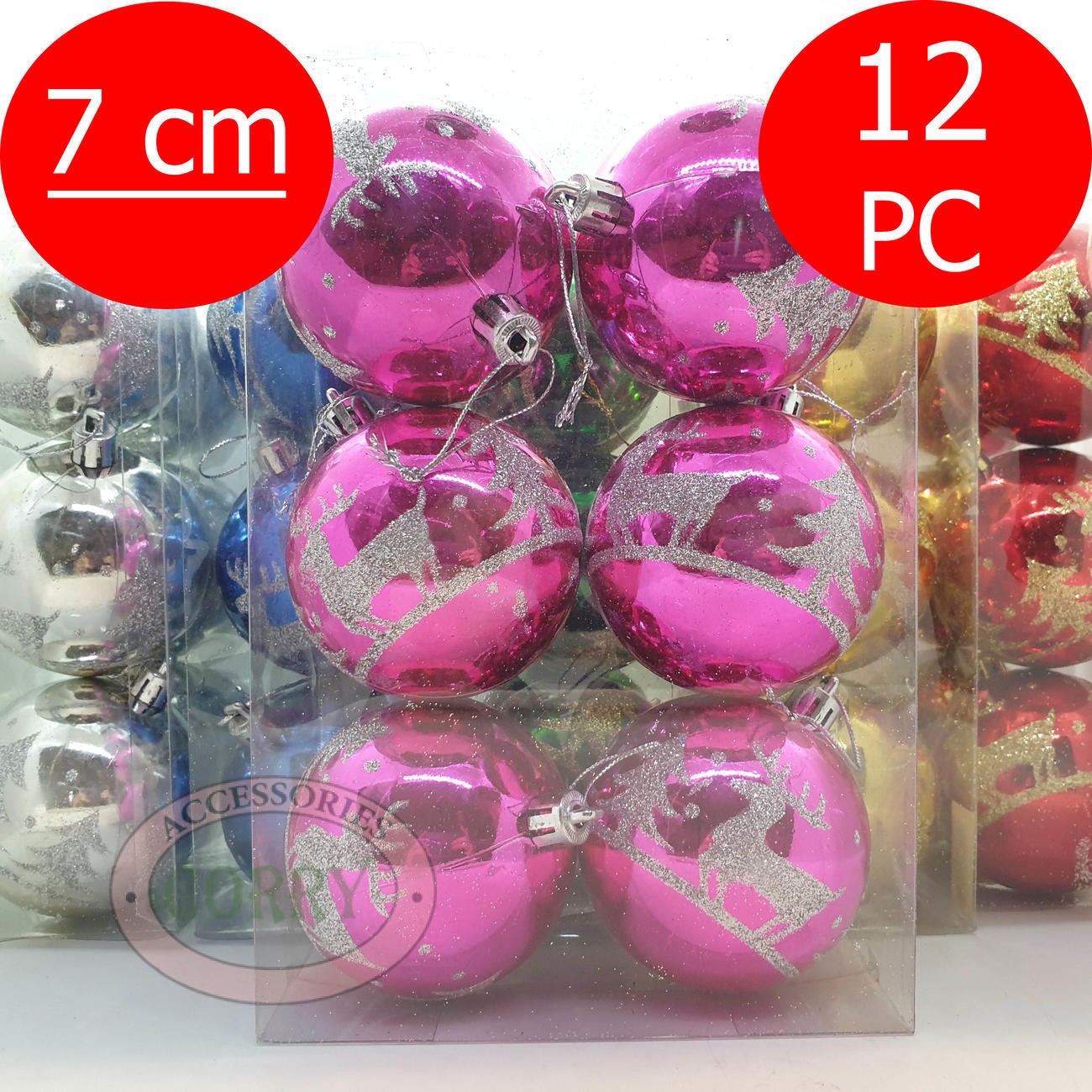 Bola Gantung Pohon Natal 7 Cm Isi 12 Pcs Pink Silver Perak Glossy Mengkilap Glitter - Main view