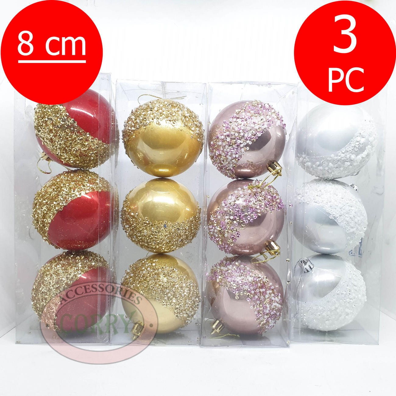 Bola Gantung Pohon Natal 8 Cm Premium Manik Mote Isi 3 Pc Pink Emas Gold Silver Putih Glitter - Main view