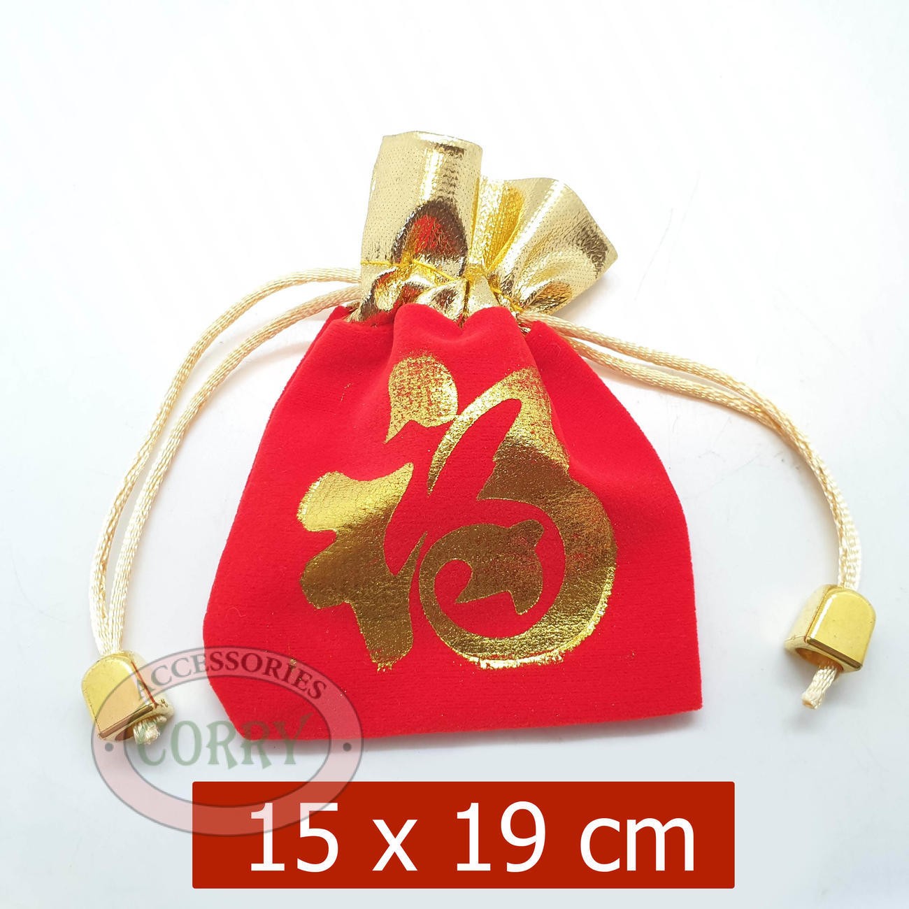 Tas Imlek Koin 15 X 19 Cm Angpao Kecil Emas Gold Merah Fu Kain Gantungan - Main view