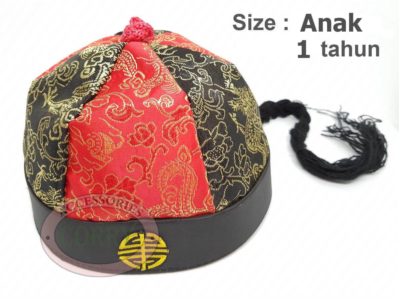 Topi Anak Imlek Sincia Cheongsam Ekor Rambut Hitam Merah Fu Gold 1 Tahun Murah - Main view