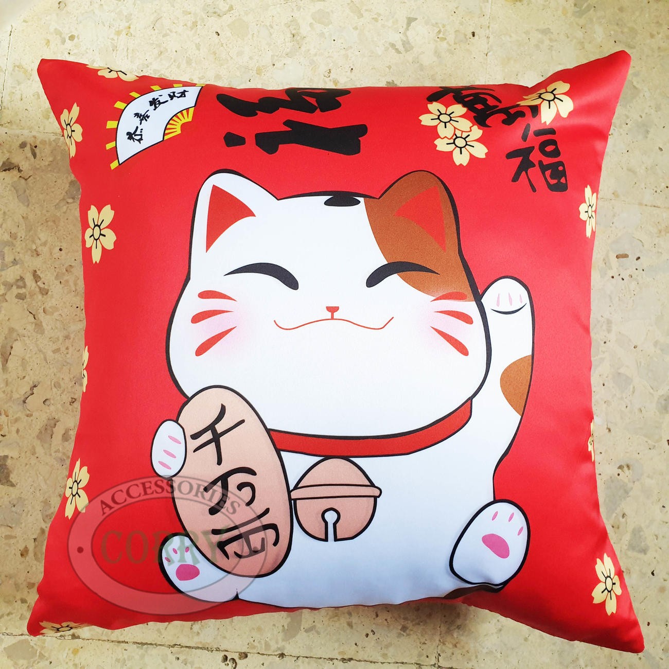 Sarung Bantal Kucing Biru Merah Putih Imlek Maneki Neko Lucky Cat 43 Cm Keberuntungan - Main view
