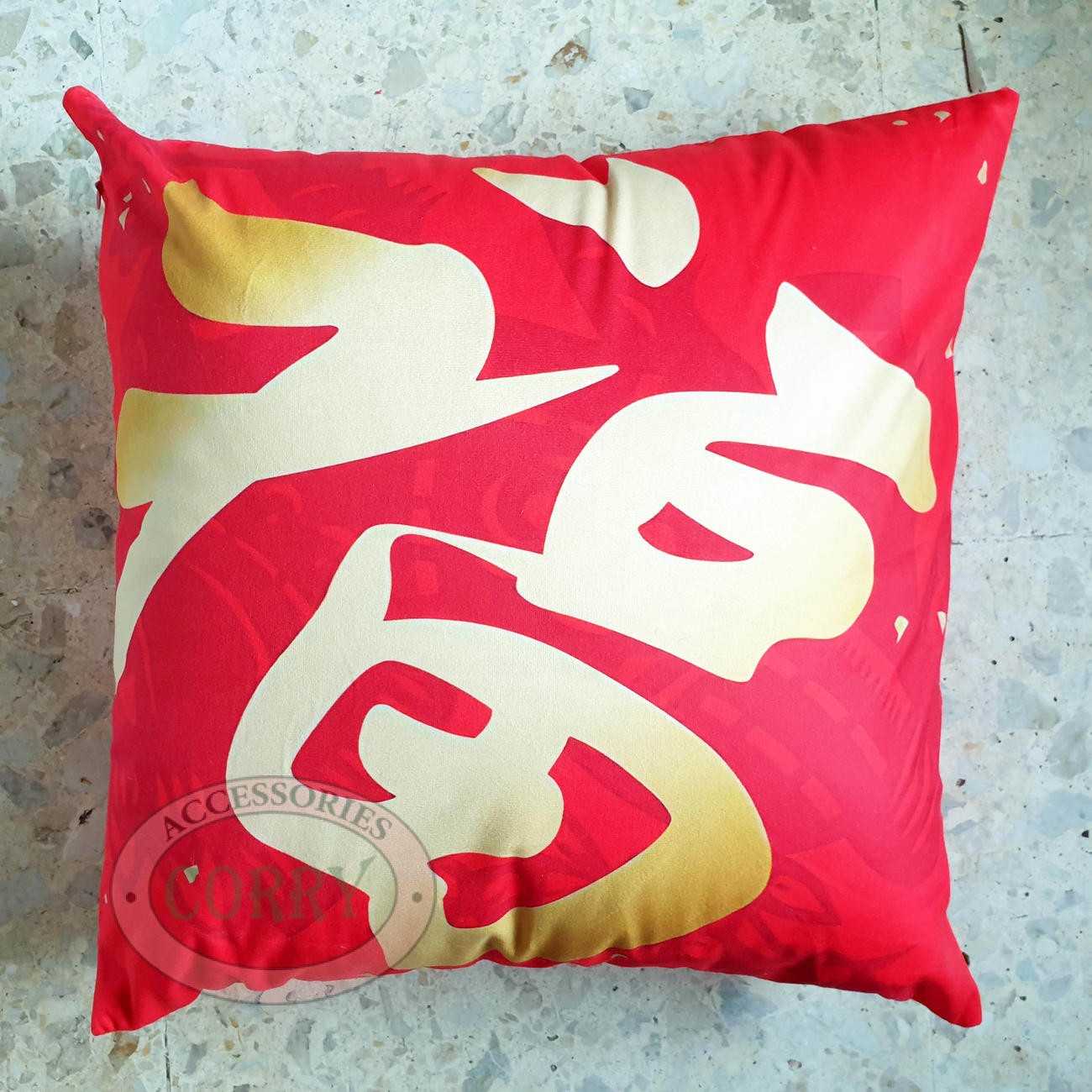 Sarung Bantal Merah Kuning Fu Imlek Emas Bunga 43 Cm Kain Bludru - Main view