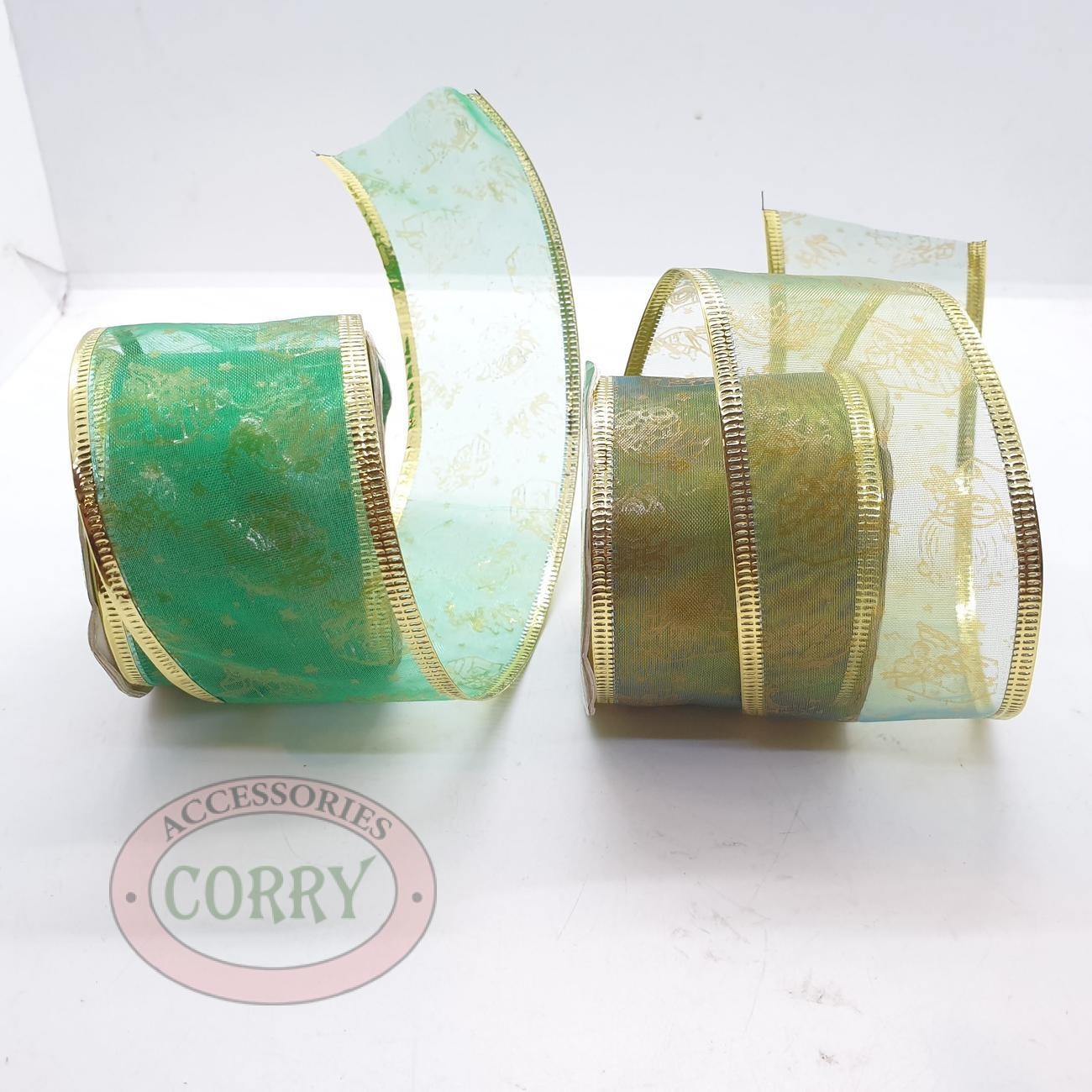 Pita Hias Dekorasi Hampers Lebaran Hijau Motif Gold Emas Lebar 5 Cm Transparant Kawat - Main view