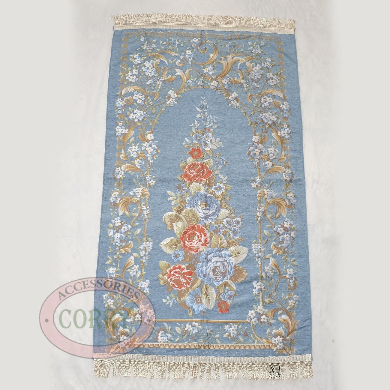 Sajadah Turki Bunga Biru 120 X 70 Cm Tebal Premium Import Turky Silk Satin Bordir Dewasa - Main view