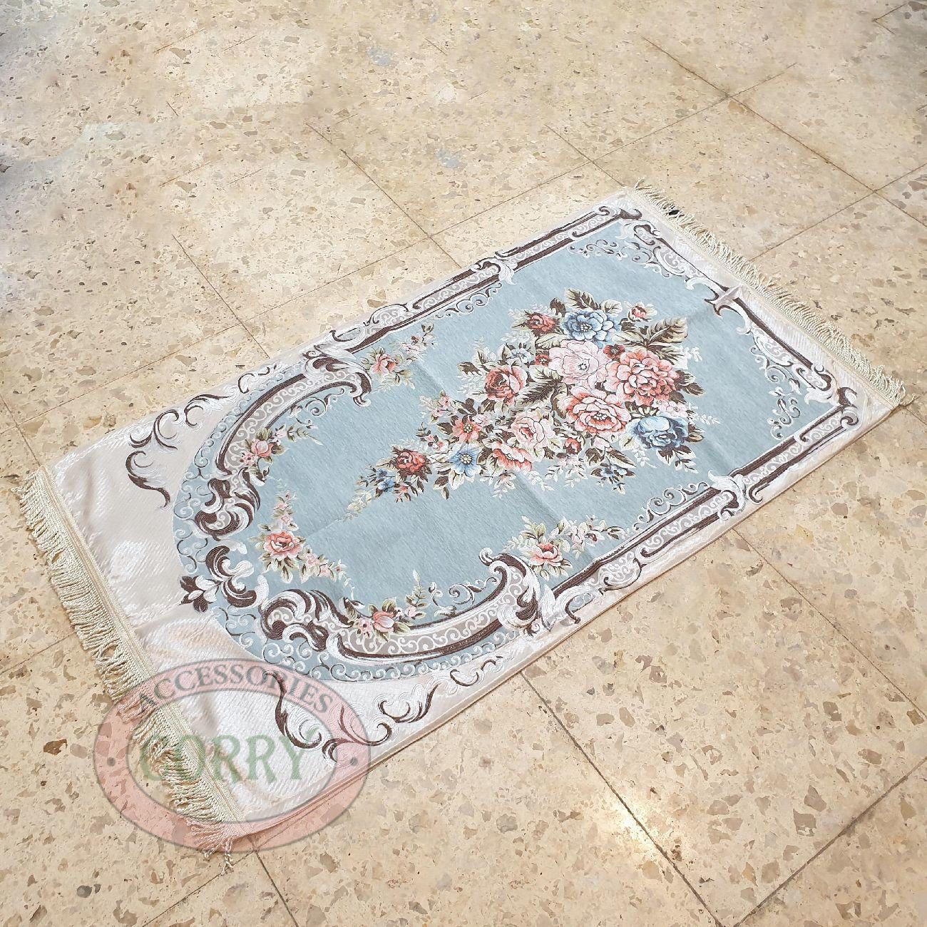 Sajadah Turki Bunga Biru Muda Pink Krem 120 X 80 Cm Tebal Lapis Bordir Rug Pray Turky - Main view