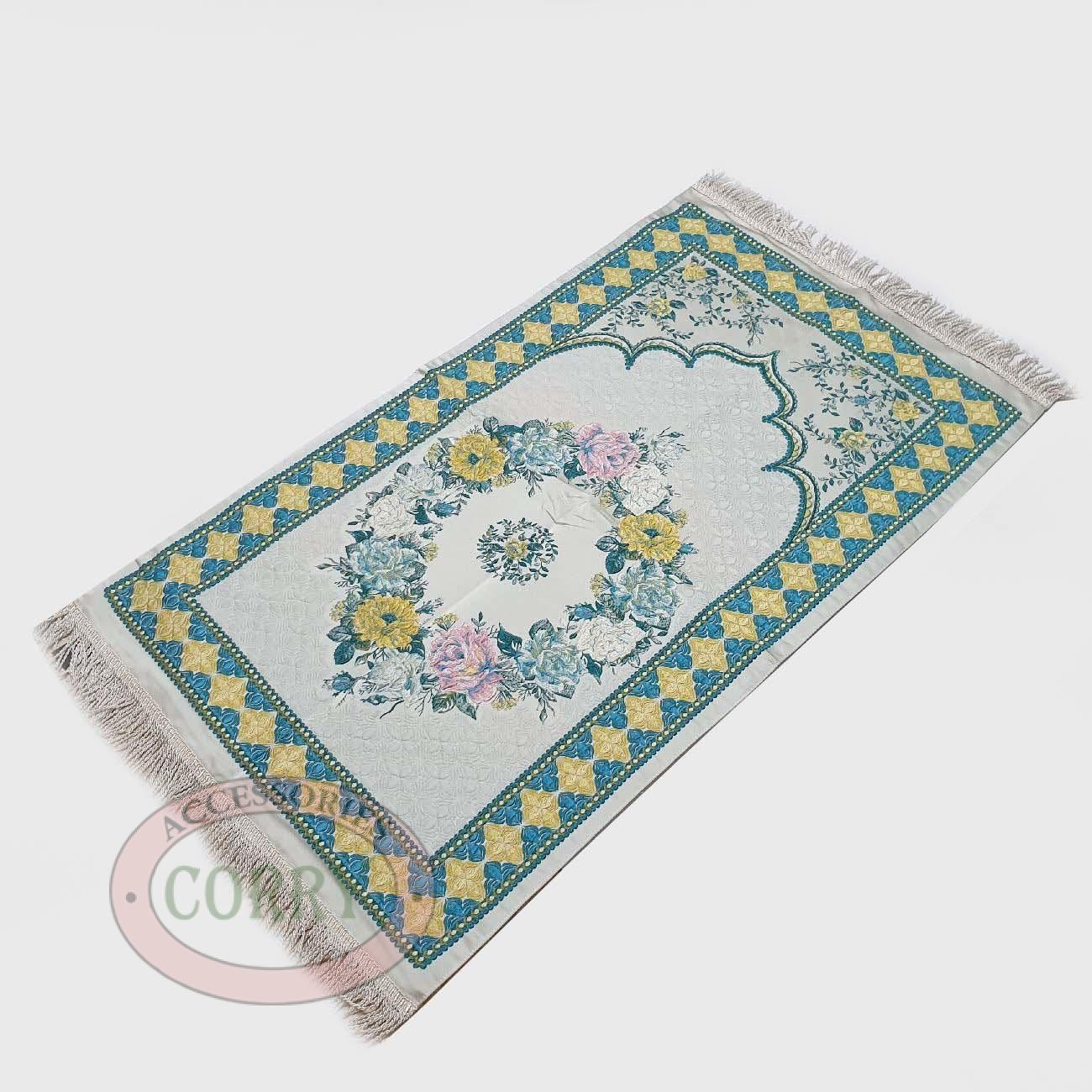 Sajadah Turki Bunga Biru Kuning Krem 120 X 70 Cm Premium Asli Tebal Import Silk Satin Bordir Dewasa - Main view