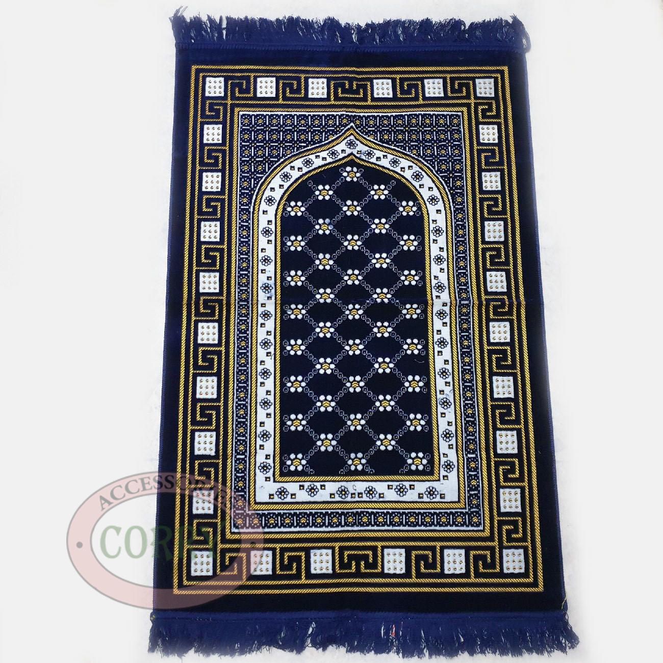 Sajadah Bludru Turki Biru Tua Gerbang Kotak Kuning 120 X 70 Cm Sholat Murah - Main view