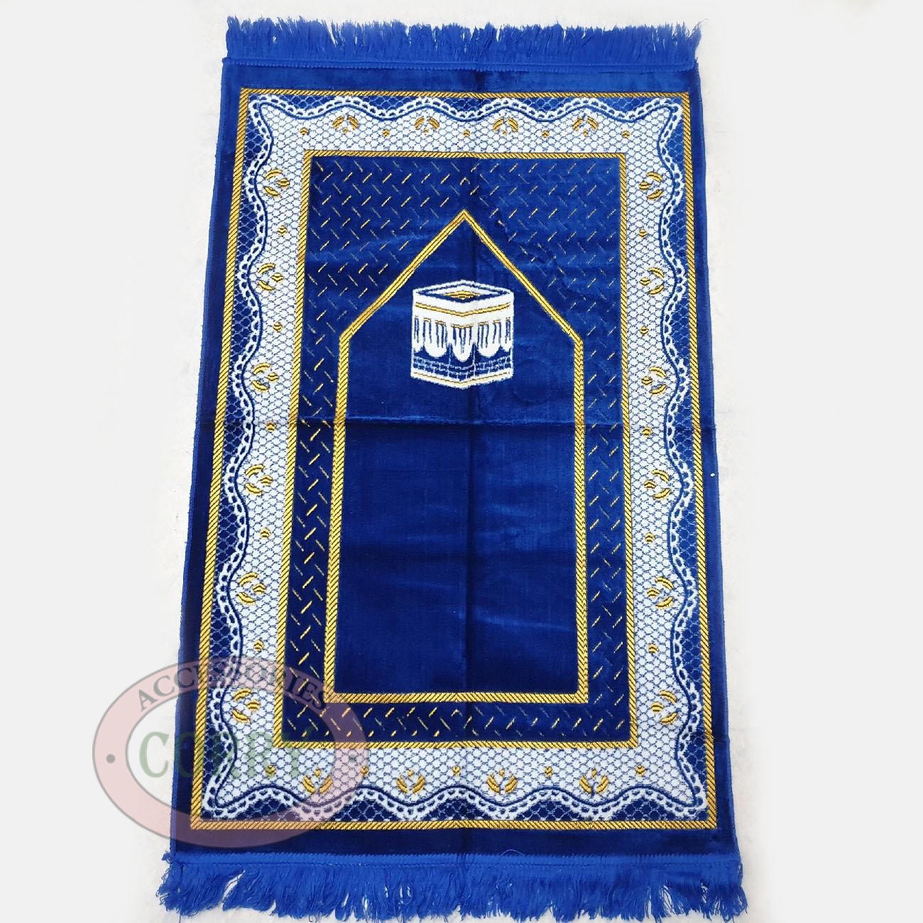 Sajadah Bludru Turki Biru Tua Kabah Gerbang Garis 120 X 70 Cm Sholat Murah - Main view