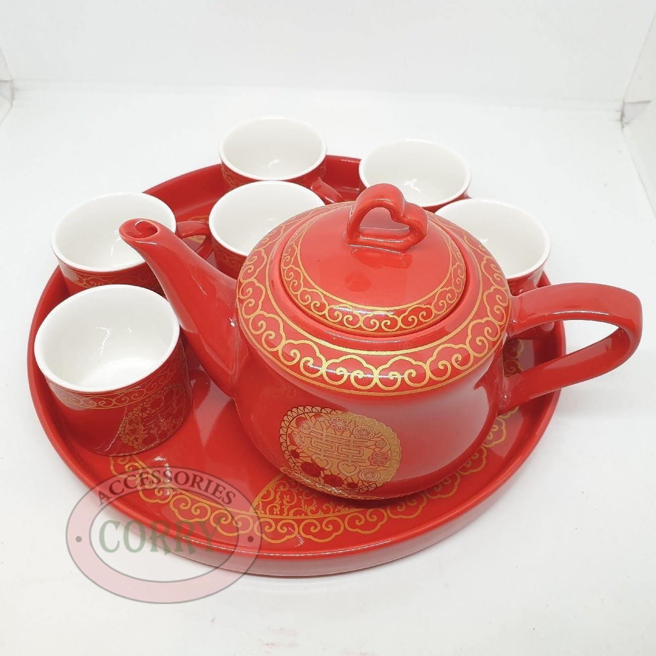Teko Set Tea Pai Perkawinan Shuang Xi Merah Bunga 4 Cangkir Piring Wedding Shangjit - Main view