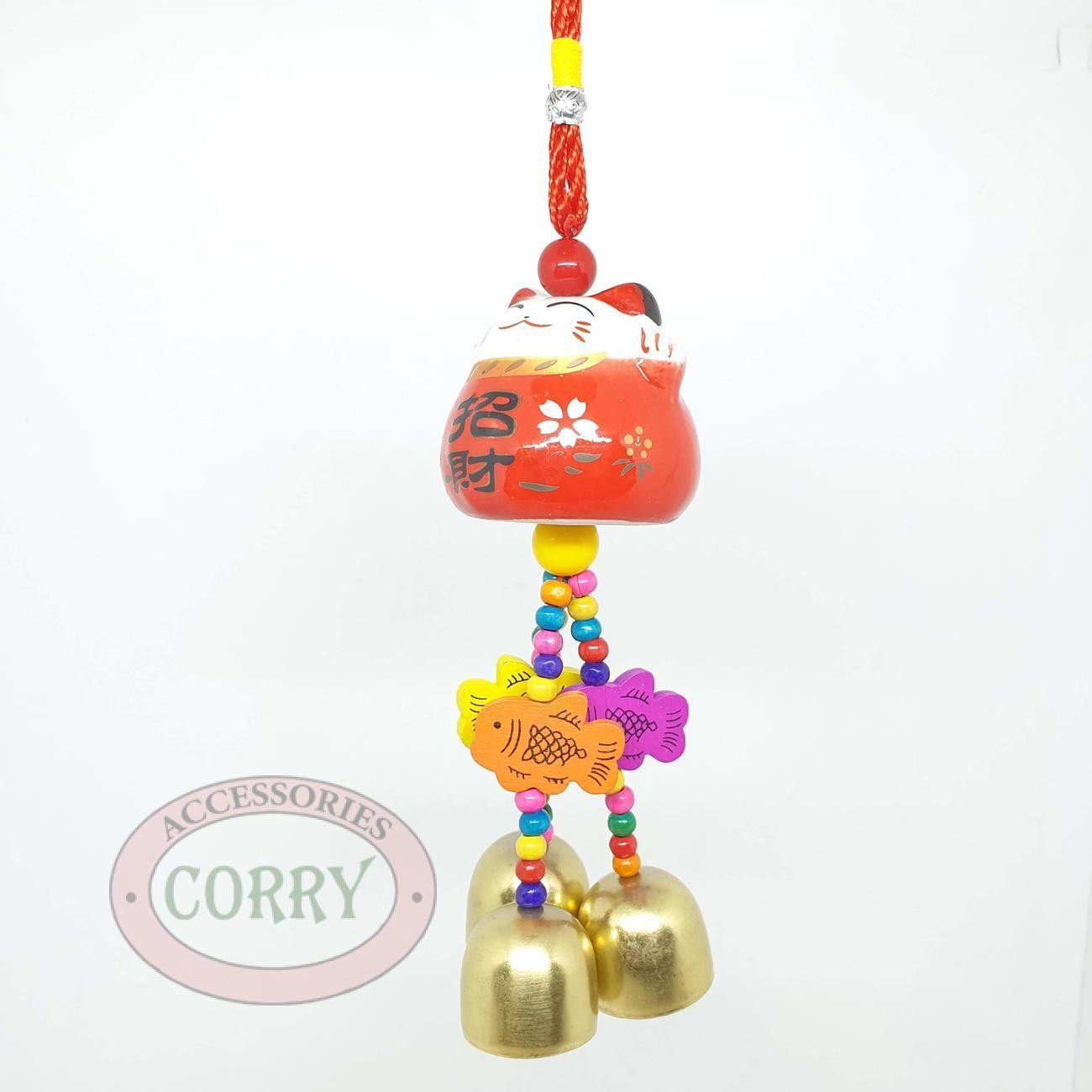 Gantungan Maneki Neko Kucing Keramik Putih Merah 25 Cm Imlek Lucky Cat Rejeki Hoki Lonceng Besi - Main view
