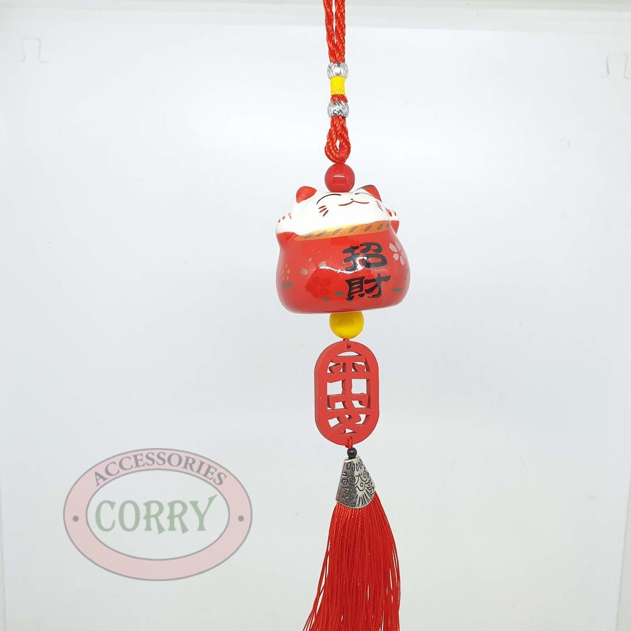 Gantungan Imlek Kucing Keramik Putih Biru Hijau Kuning Merah 25 Cm Sincia Cat Maneki Neko Lucu - Main view