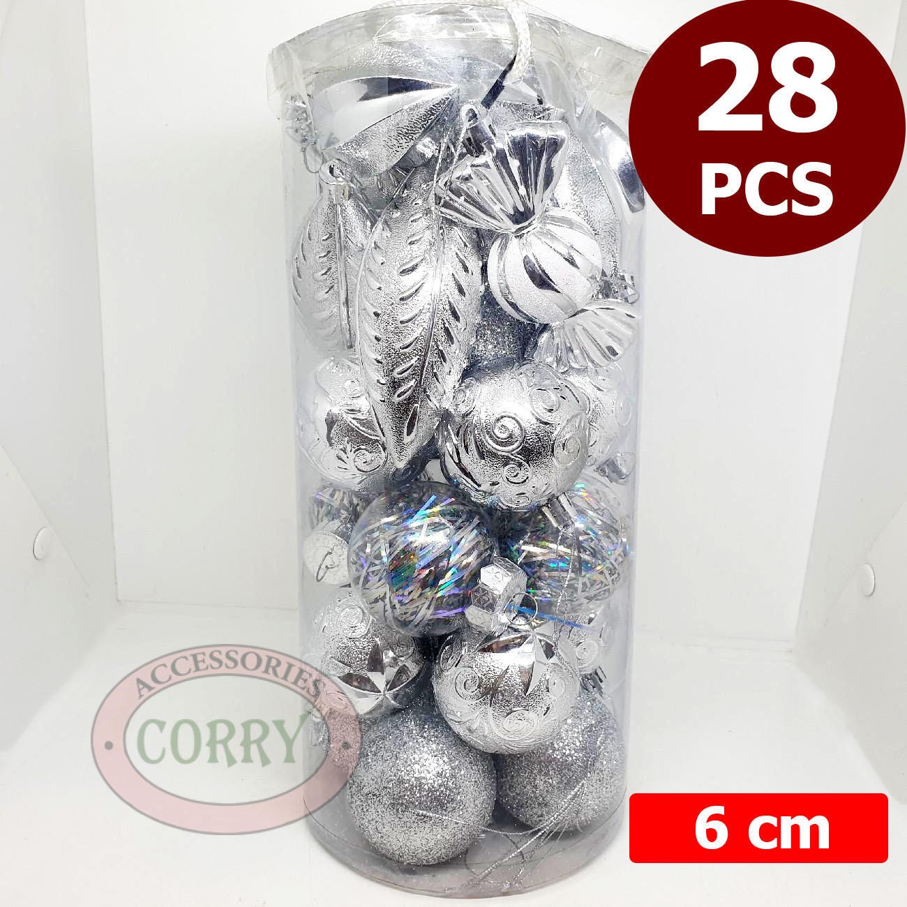 Bola Gantung Pohon Natal 6 Cm Isi 28 Pcs Silver Gold Emas Perak Glitter Gantungan Kombinasi - Main view