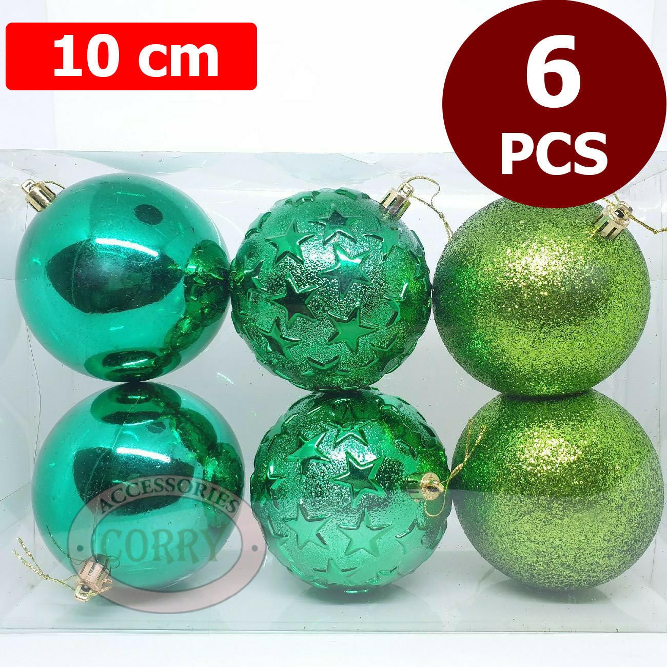Hiasan Gantung Bola Besar Jumbo Pohon Natal 10 Cm Isi 6 Pcs Hijau Glitter Ukir - Main view