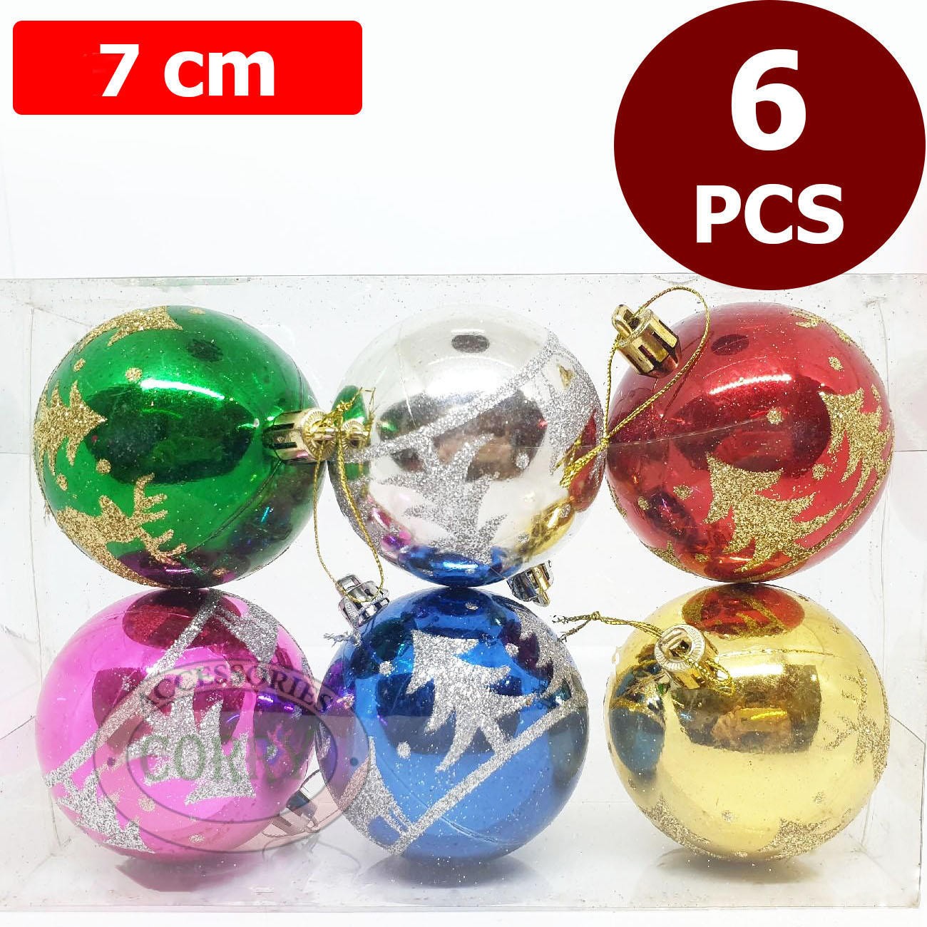 Bola Gantung Pohon Natal 7 Cm Isi 6 Pcs Campur Warna Emas Hijau Gold Mengkilap Glitter - Main view