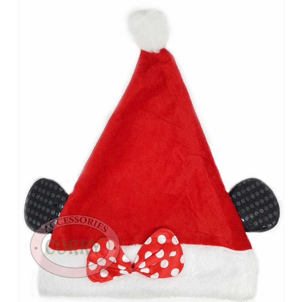 Topi Natal Santa Claus Tebal Bulu Dewasa Lucu Pita Merah Kuping Hitam Telinga Sayap Minnie - Main view