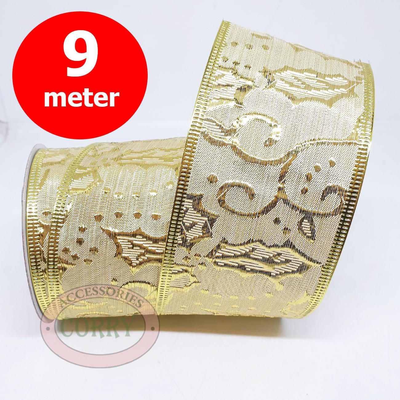 Pita Dekorasi Emas Kawat Pohon Natal 6.5 Cm Hampers 9m Panjang Tebal - Main view