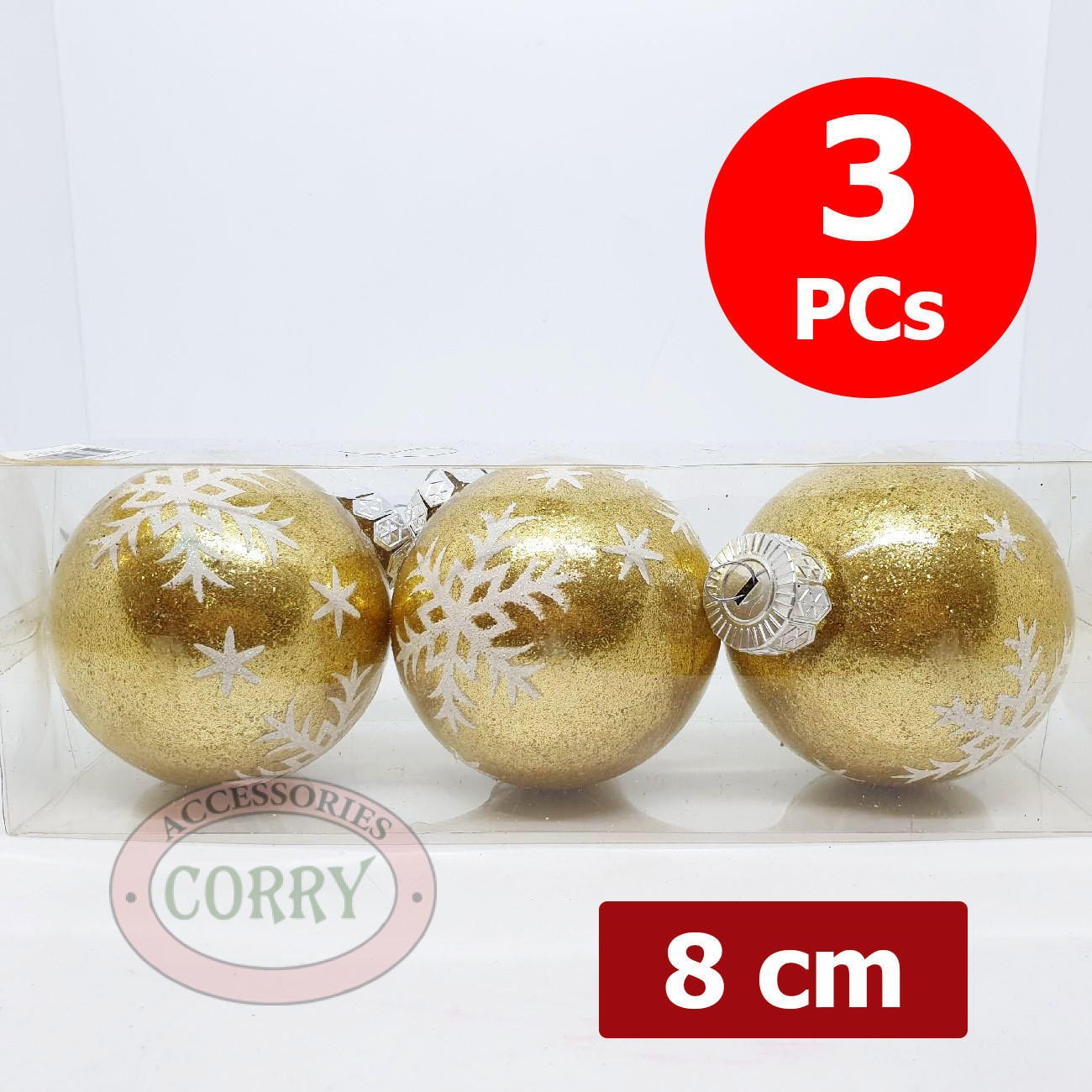 Bola Pohon Natal 8 Cm Isi 3 Pc Emas Gold Salju - Main view
