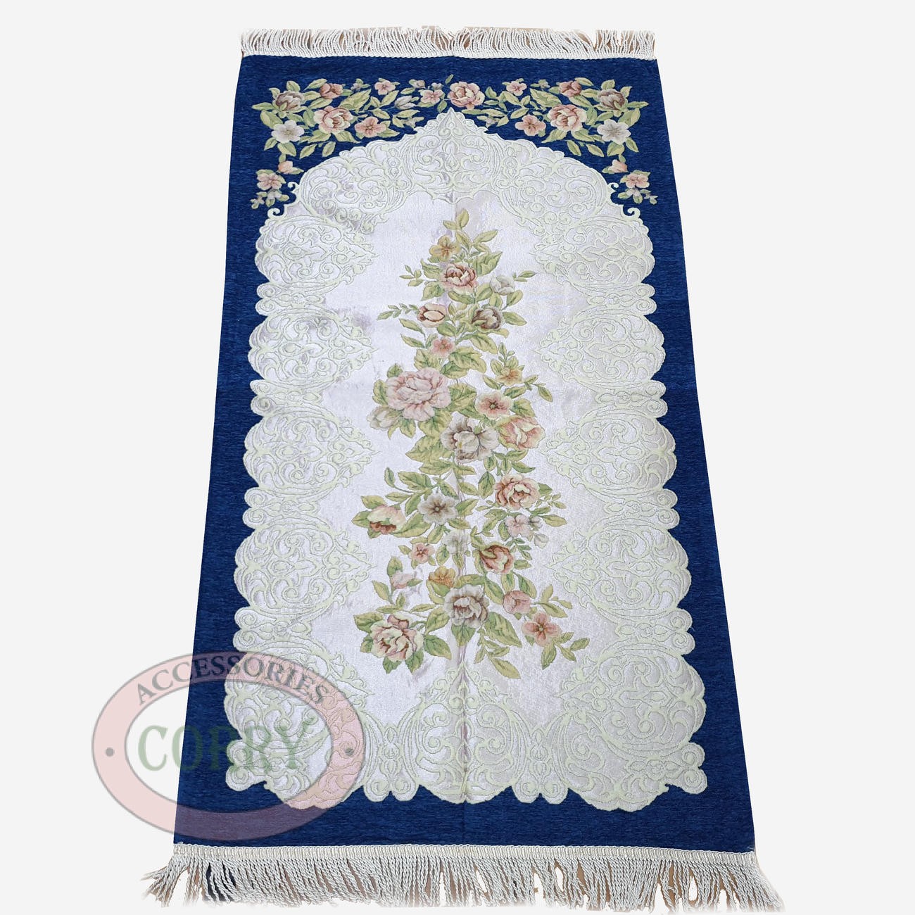 Sajadah Turki Bunga Biru Pink Krem 120 X 70 Cm Tebal Lapis Bordir Premium Rug Pray Turky Gerbang Ukir - Main view