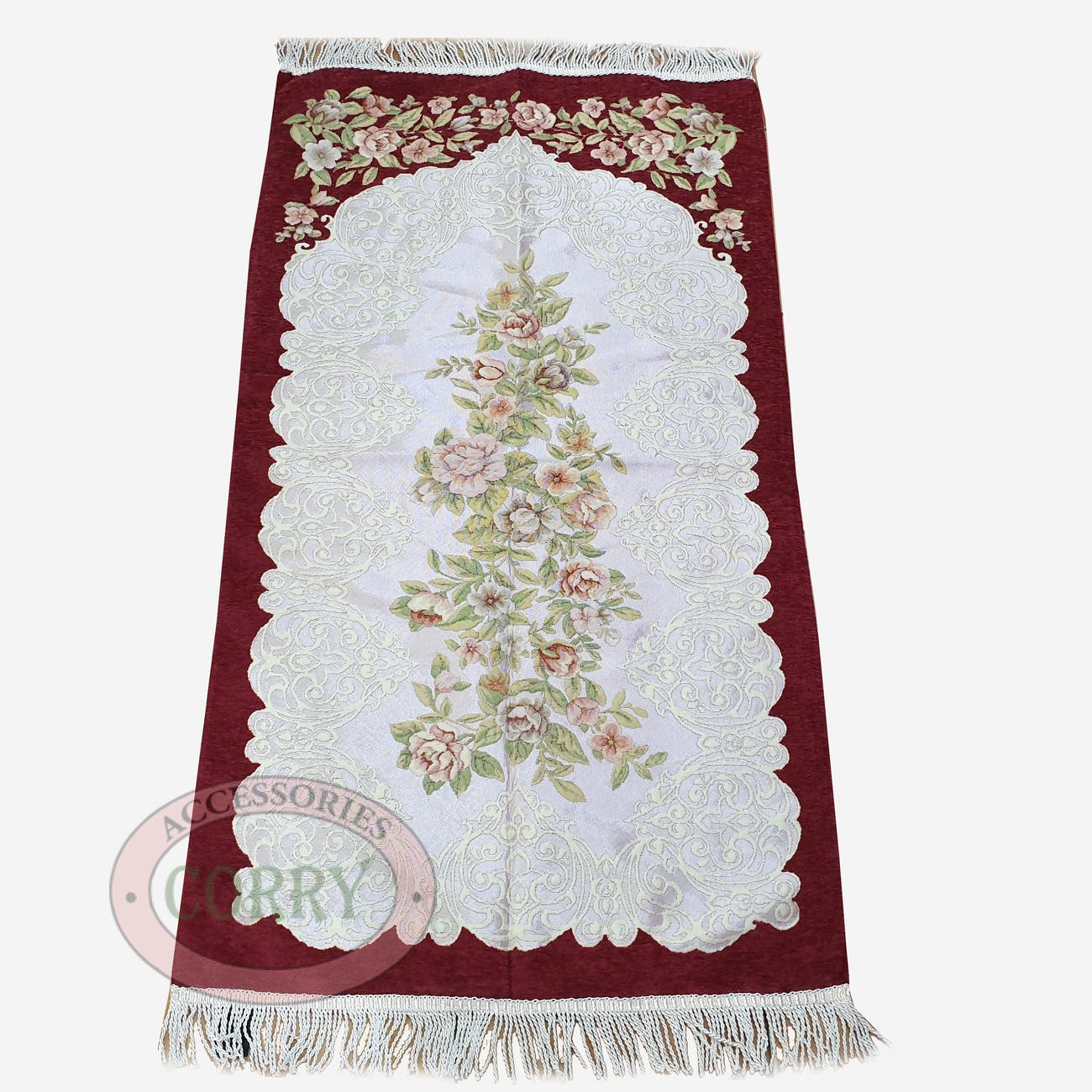 Sajadah Turki Bunga Merah Pink Krem 120 X 70 Cm Tebal Lapis Bordir Premium Rug Pray Turky Gerbang Ukir - Main view